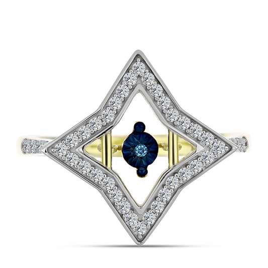 Anel de Prata com Banho de Ouro com Diamante Azul Dançante e Topázio Branco  Contraste: Cabeca de Veado (800)