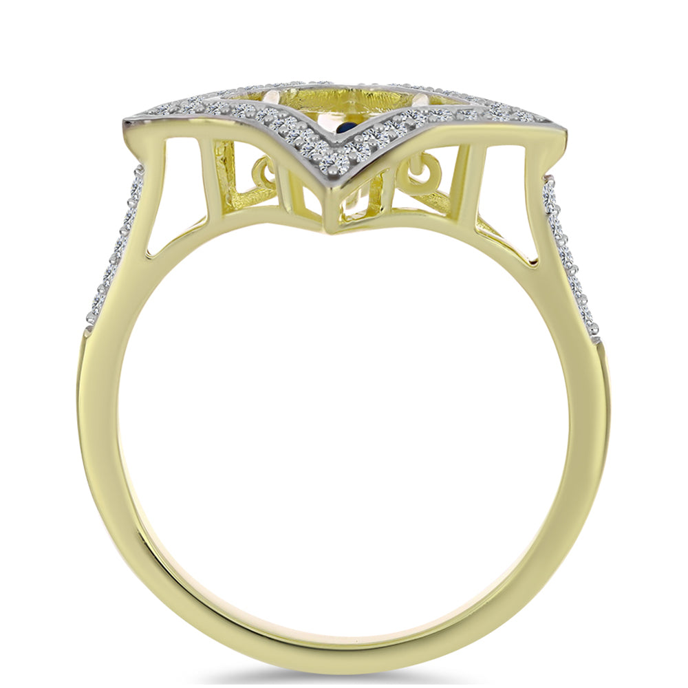 Anel de Prata com Banho de Ouro com Diamante Azul Dançante e Topázio Branco  Contraste: Cabeca de Veado (800) 2 