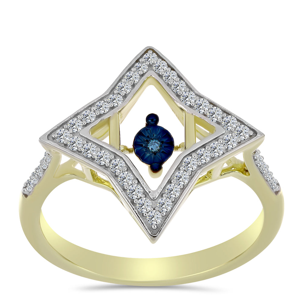 Anel de Prata com Banho de Ouro com Diamante Azul Dançante e Topázio Branco  Contraste: Cabeca de Veado (800)