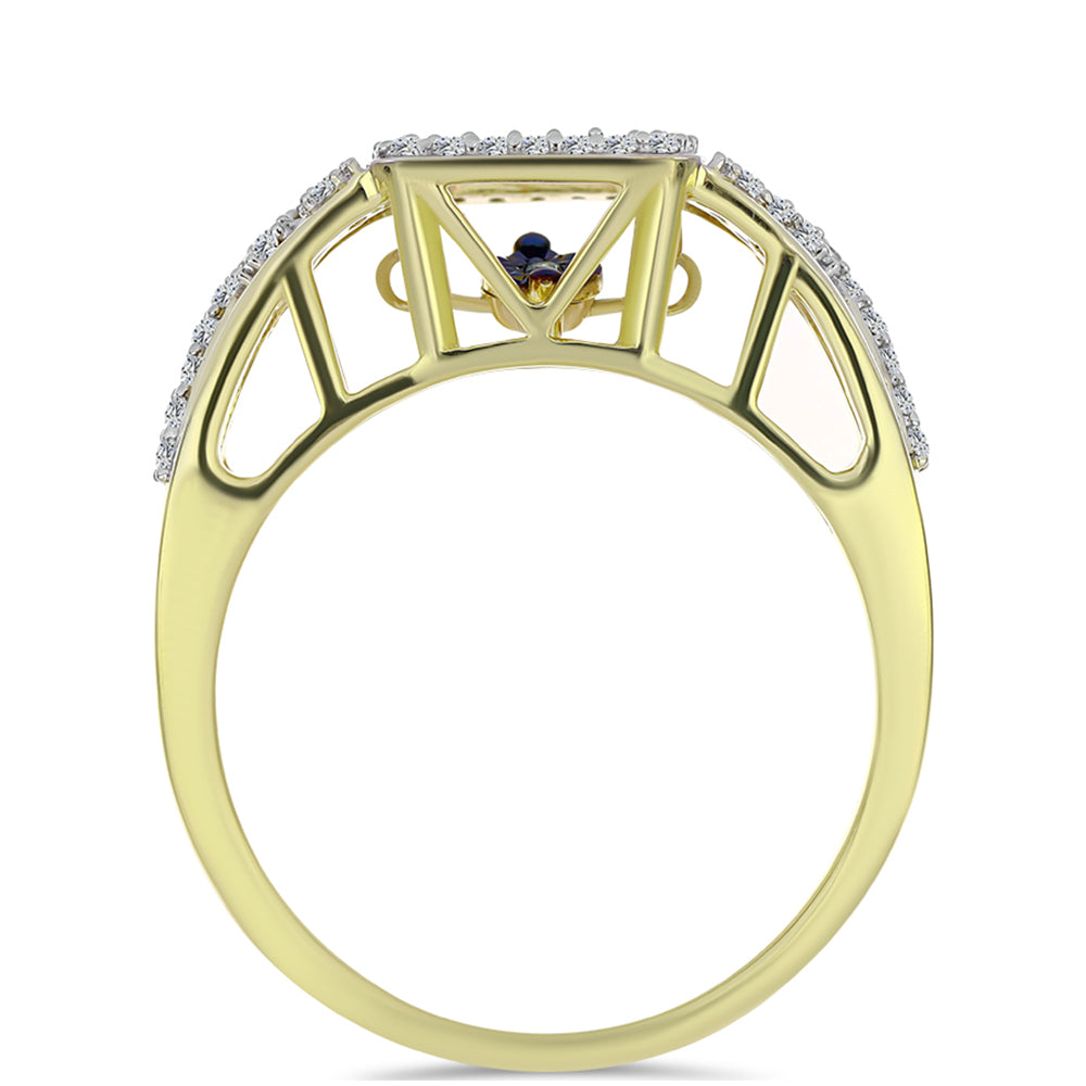 Anel de Prata com Banho de Ouro com Diamante Azul Dançante e Topázio Branco  Contraste: Cabeca de Veado (800)