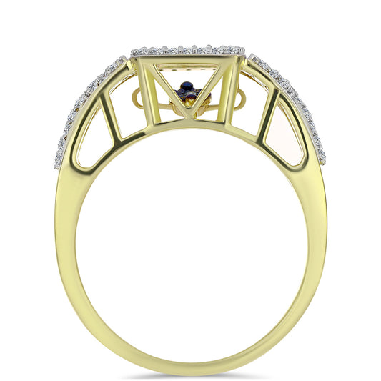 Anel de Prata com Banho de Ouro com Diamante Azul Dançante e Topázio Branco  Contraste: Cabeca de Veado (800)