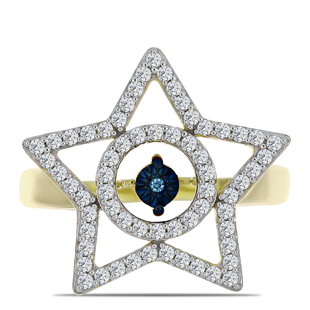 Anel de Prata com Banho de Ouro com Diamante Azul Dançante e Topázio Branco  Contraste: Cabeca de Veado (800)