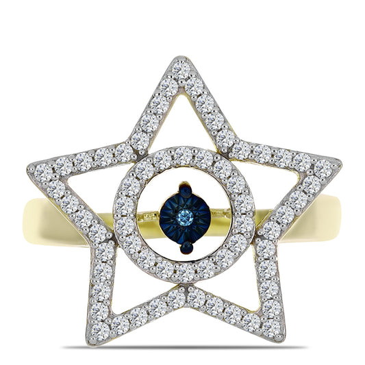 Anel de Prata com Banho de Ouro com Diamante Azul Dançante e Topázio Branco  Contraste: Cabeca de Veado (800)