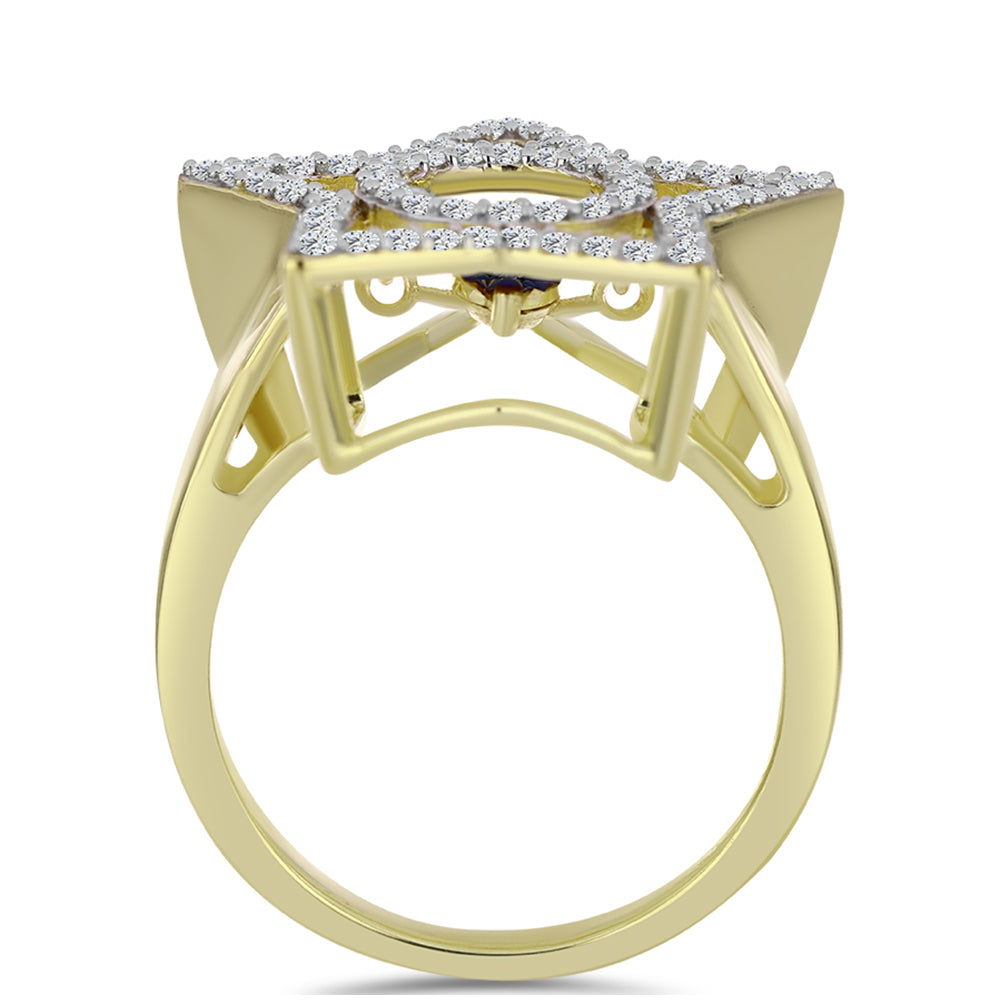 Anel de Prata com Banho de Ouro com Diamante Azul Dançante e Topázio Branco  Contraste: Cabeca de Veado (800)