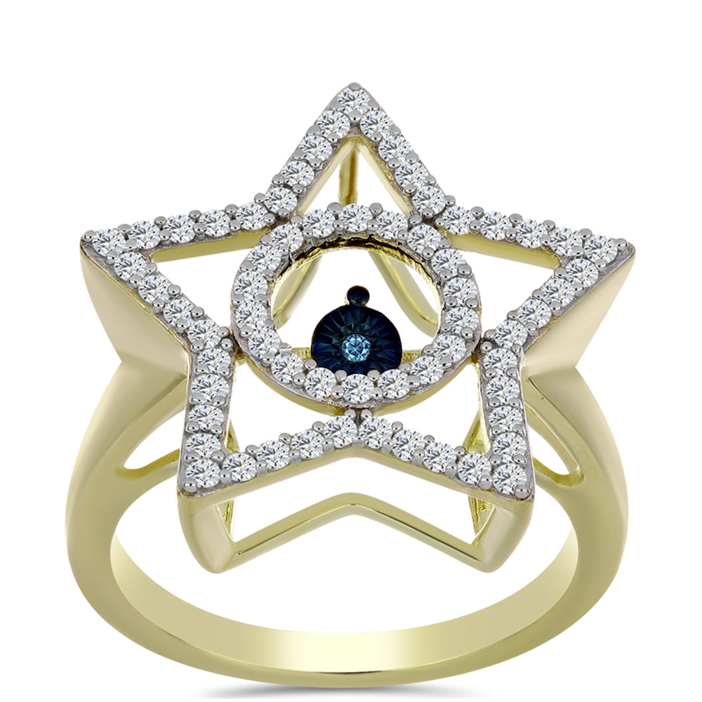 Anel de Prata com Banho de Ouro com Diamante Azul Dançante e Topázio Branco  Contraste: Cabeca de Veado (800) 3 
