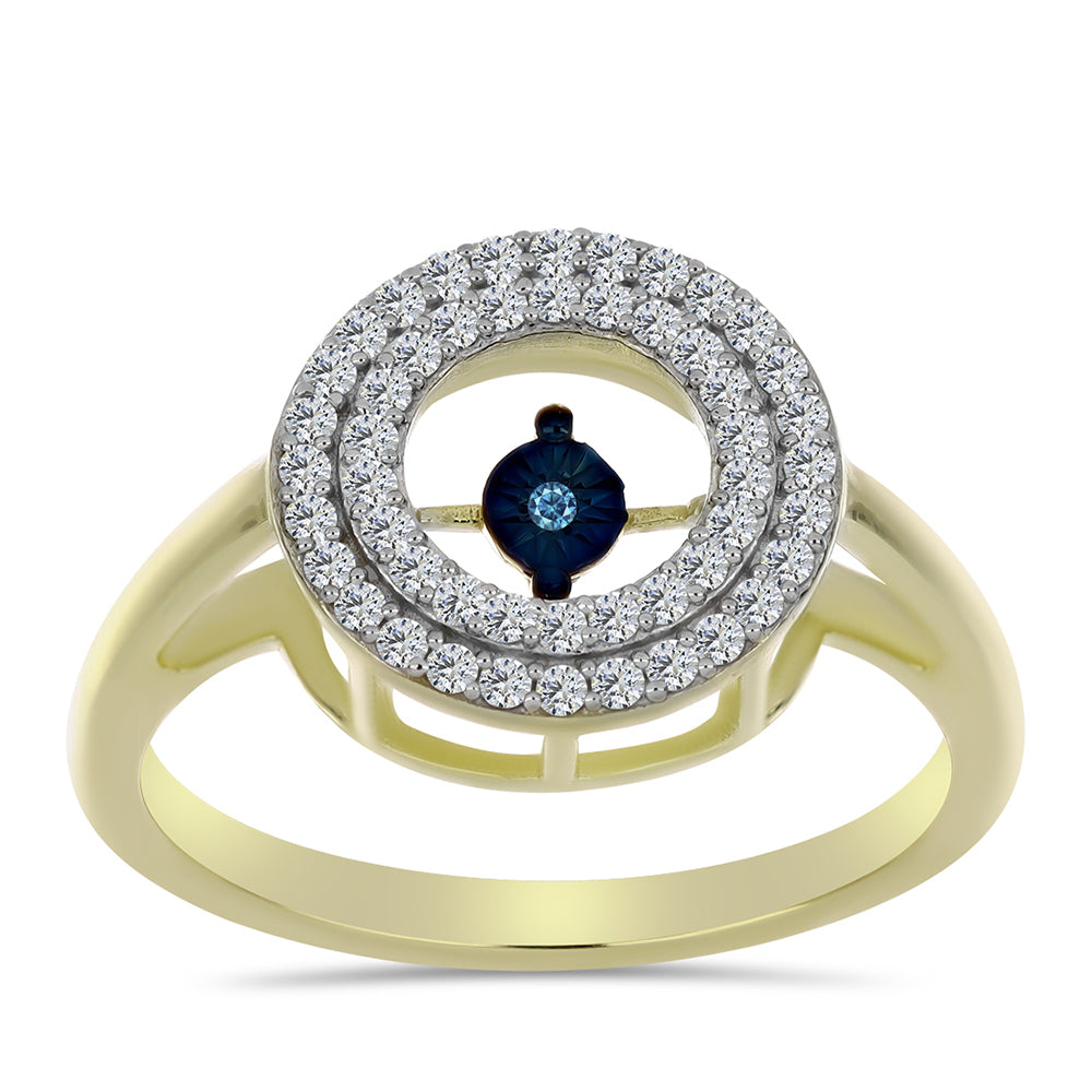 Anel de Prata com Banho de Ouro com Diamante Azul Dançante e Topázio Branco  Contraste: Cabeca de Veado (800)