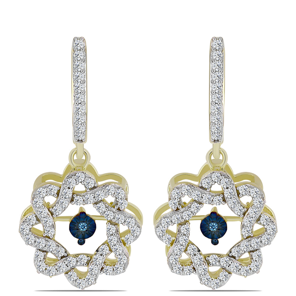 Brincos de Prata com Banho de Ouro com Diamante Azul Dançante e Topázio Branco 1 