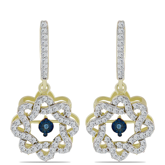 Brincos de Prata com Banho de Ouro com Diamante Azul Dançante e Topázio Branco
