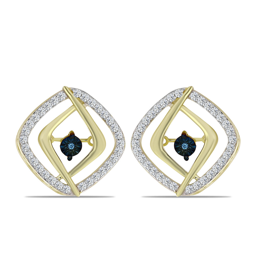 Brincos de Prata com Banho de Ouro com Diamante Azul Dançante e Topázio Branco