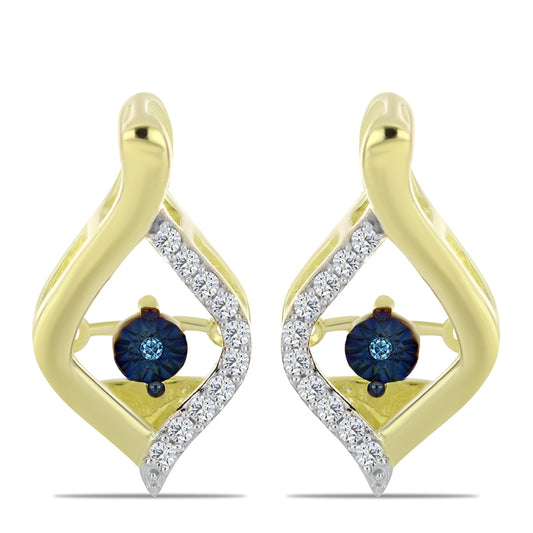 Brincos de Prata com Banho de Ouro com Diamante Azul Dançante e Topázio Branco