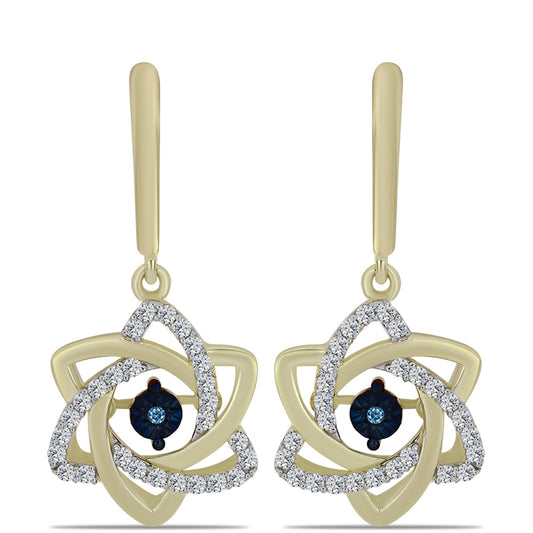 Brincos de Prata com Banho de Ouro com Diamante Azul Dançante e Topázio Branco