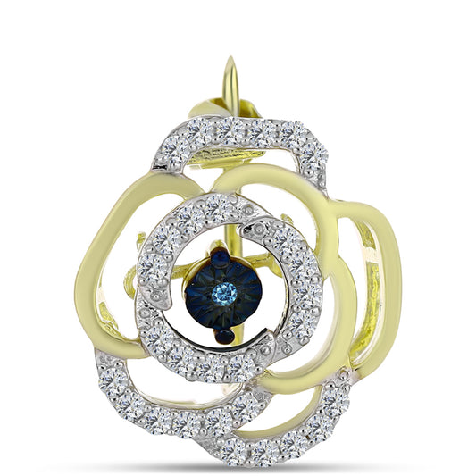 Alfinete de Prata com Banho de Ouro com Diamante Azul Dançante e Topázio Branco