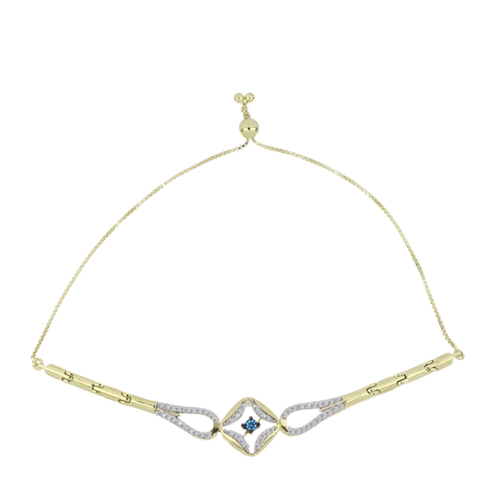 Pulseira de Prata com Banho de Ouro com Diamante Azul Dançante e Topázio Branco  Contraste: Cabeca de Veado (800)
