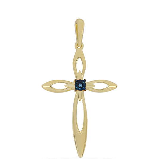 Cruz Pendente de Prata com Banho de Ouro com Diamante Azul Dançante