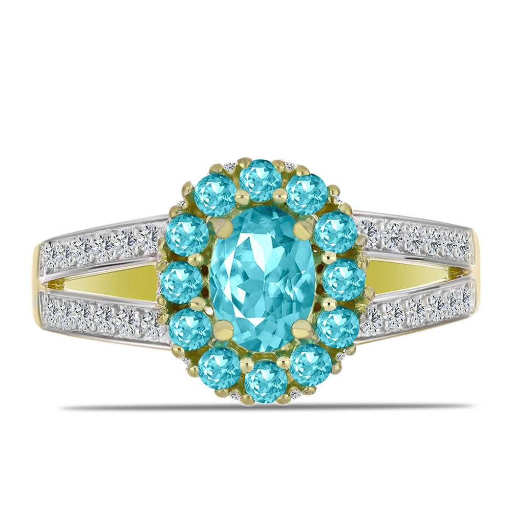 Anel de Prata com Banho de Ouro com Quartzo de Paraíba e Topázio Branco  Contraste: Cabeca de Veado (800)