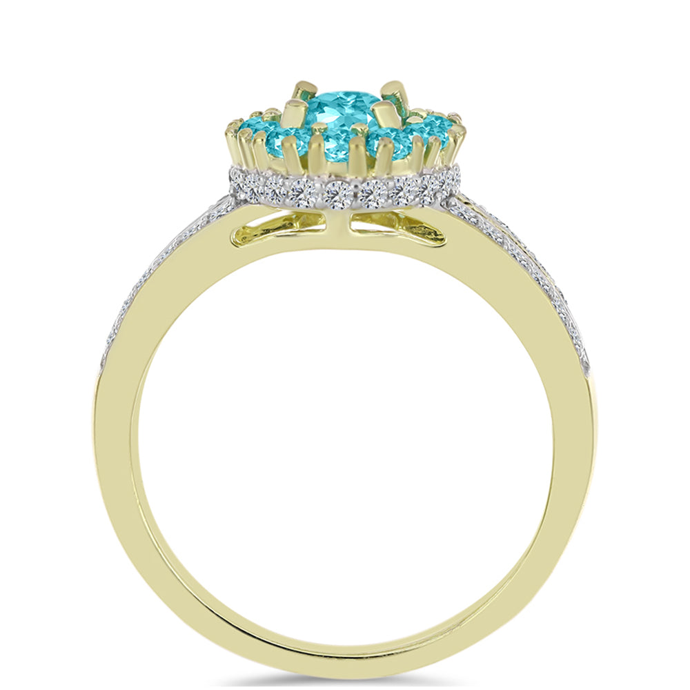 Anel de Prata com Banho de Ouro com Quartzo de Paraíba e Topázio Branco  Contraste: Cabeca de Veado (800)