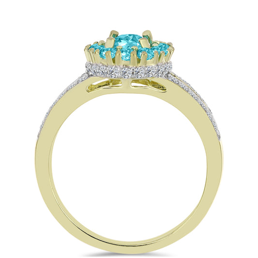 Anel de Prata com Banho de Ouro com Quartzo de Paraíba e Topázio Branco  Contraste: Cabeca de Veado (800)