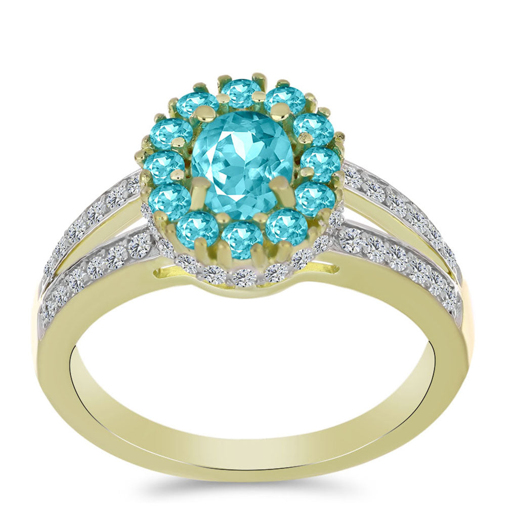 Anel de Prata com Banho de Ouro com Quartzo de Paraíba e Topázio Branco  Contraste: Cabeca de Veado (800)