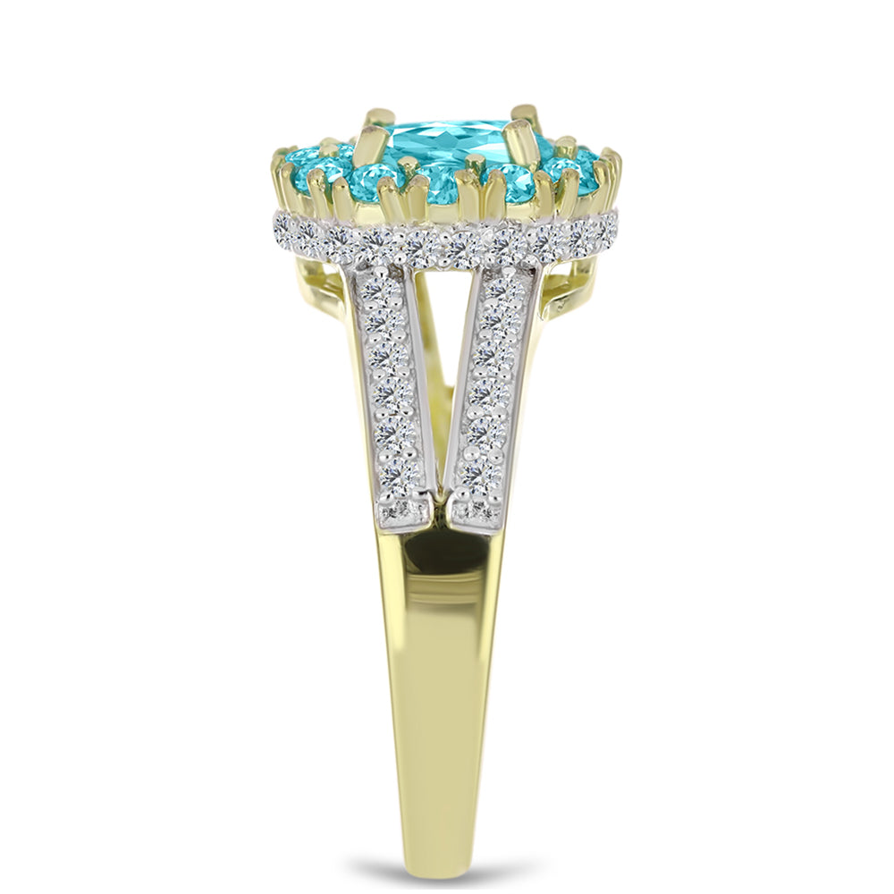 Anel de Prata com Banho de Ouro com Quartzo de Paraíba e Topázio Branco  Contraste: Cabeca de Veado (800)