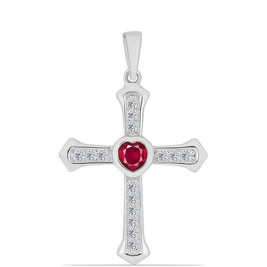 Cruz Pendente de Prata com Rubi de Madagáscar e Topázio Branco
