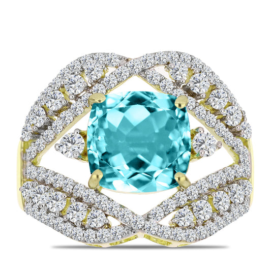 Anel de Prata com Banho de Ouro com Quartzo de Paraíba e Topázio Branco  Contraste: Cabeca de Veado (800)