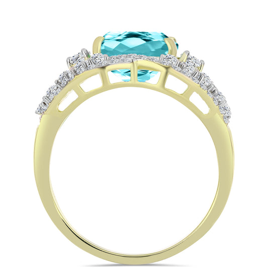 Anel de Prata com Banho de Ouro com Quartzo de Paraíba e Topázio Branco  Contraste: Cabeca de Veado (800)