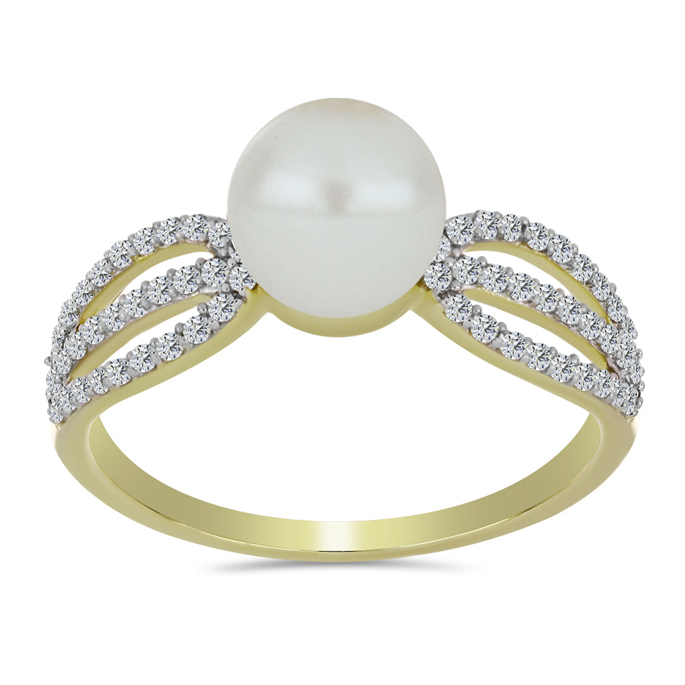 Anel de Prata com Banho de Ouro com Pérola de Água Doce Branca e Topázio Branco