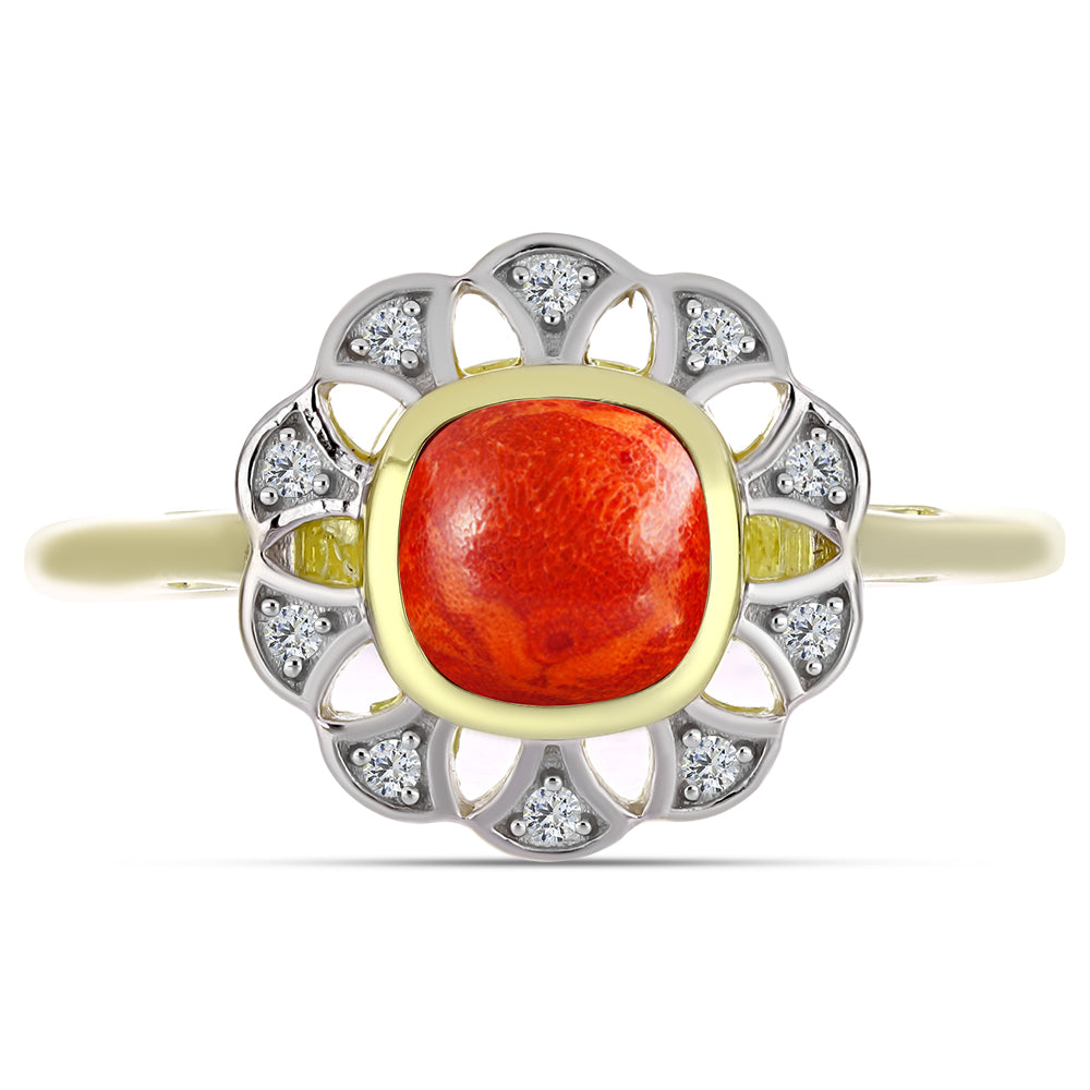 Anel de Prata com Banho de Ouro com Coral Esponja Vermelha e Topázio Branco