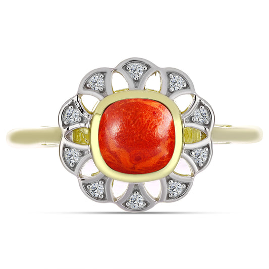 Anel de Prata com Banho de Ouro com Coral Esponja Vermelha e Topázio Branco