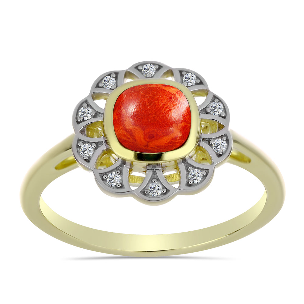 Anel de Prata com Banho de Ouro com Coral Esponja Vermelha e Topázio Branco 3 