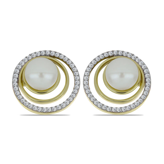 Brincos de Prata com Banho de Ouro com Pérola de Água Doce Branca e Topázio Branco