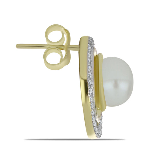 Brincos de Prata com Banho de Ouro com Pérola de Água Doce Branca e Topázio Branco