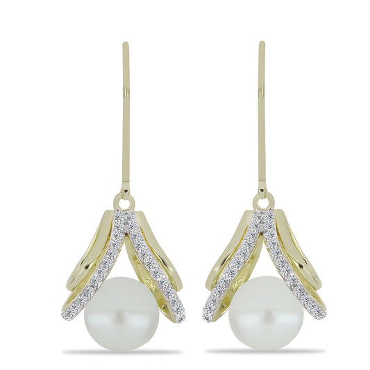 Brincos de Prata com Banho de Ouro com Pérola de Água Doce Branca e Topázio Branco