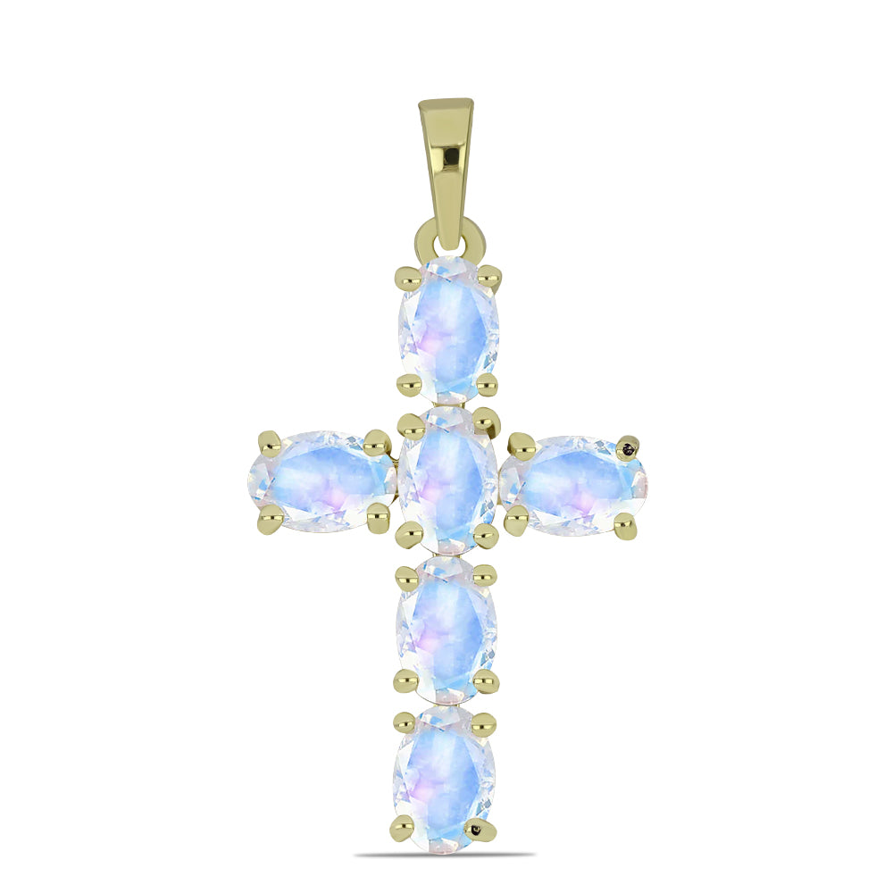 Cruz Pendente de Prata com Banho de Ouro com Pedra da Lua Arco-íris