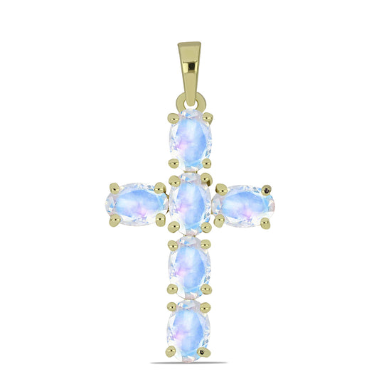 Cruz Pendente de Prata com Banho de Ouro com Pedra da Lua Arco-íris