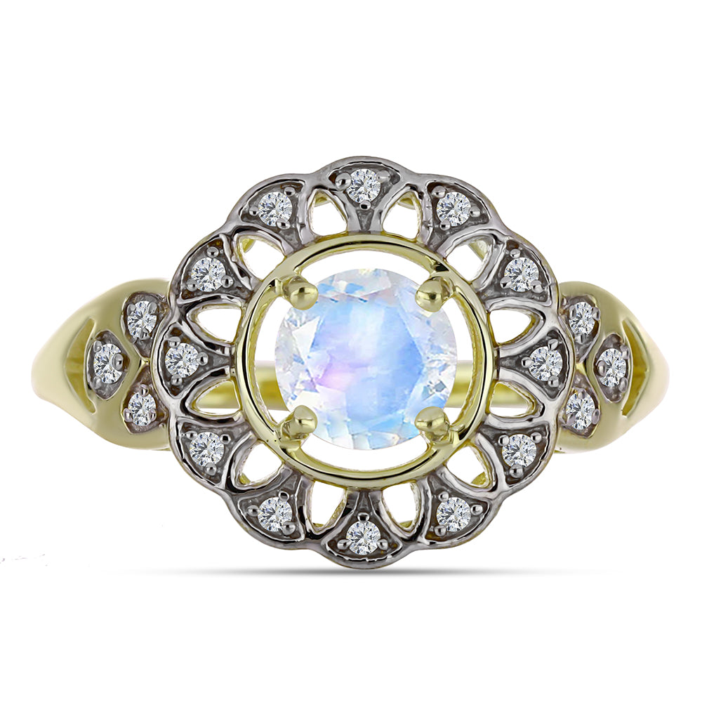 Anel de Prata com Banho de Ouro com Pedra da Lua Arco-íris e Topázio Branco  Contraste: Cabeca de Veado (800) 1 