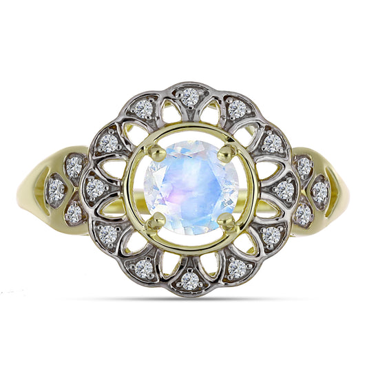 Anel de Prata com Banho de Ouro com Pedra da Lua Arco-íris e Topázio Branco  Contraste: Cabeca de Veado (800)