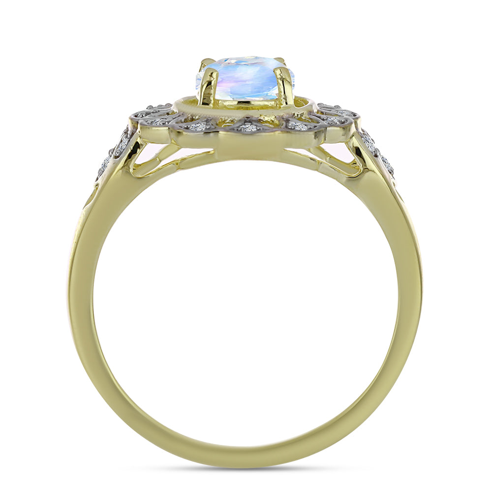 Anel de Prata com Banho de Ouro com Pedra da Lua Arco-íris e Topázio Branco  Contraste: Cabeca de Veado (800) 2 