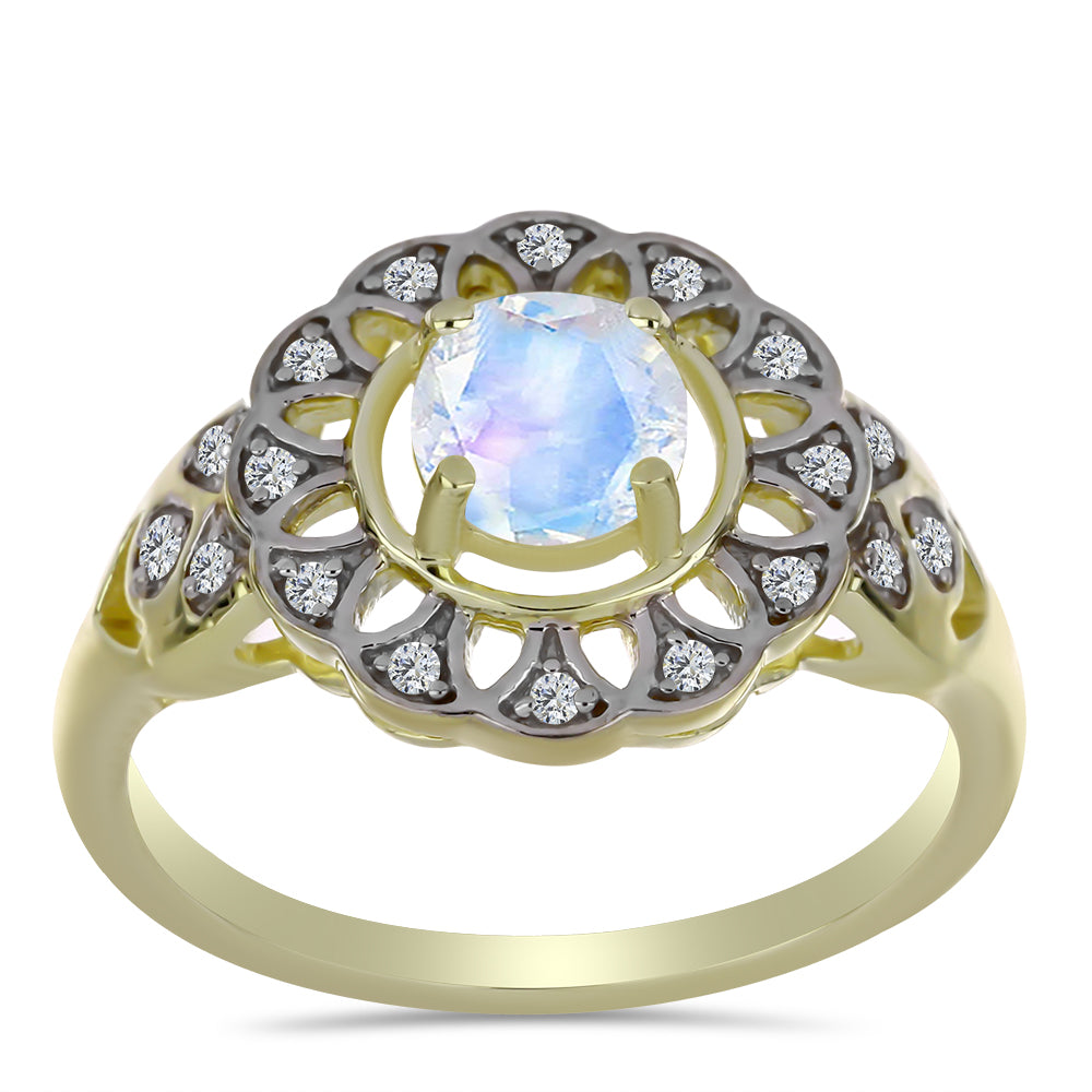 Anel de Prata com Banho de Ouro com Pedra da Lua Arco-íris e Topázio Branco  Contraste: Cabeca de Veado (800)