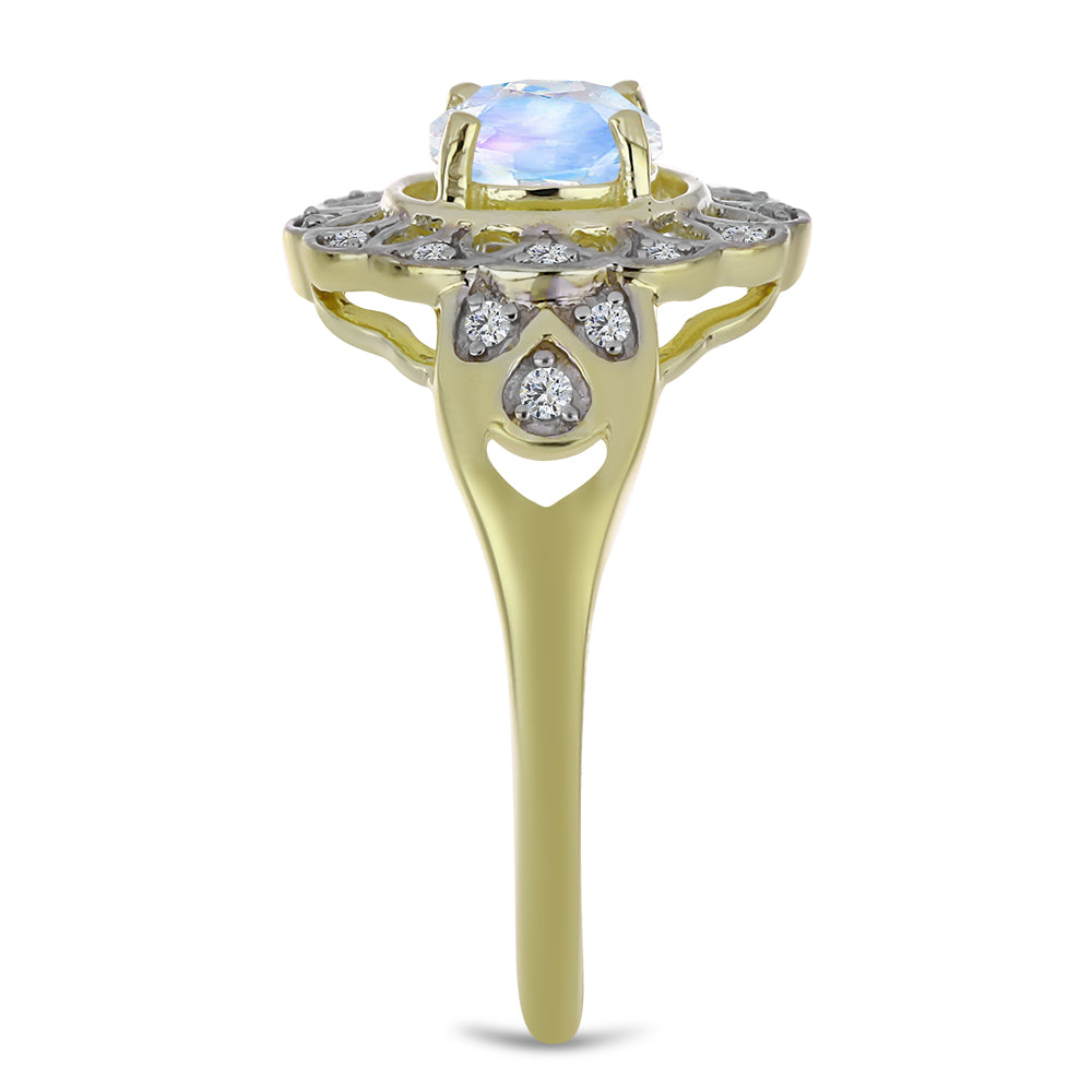 Anel de Prata com Banho de Ouro com Pedra da Lua Arco-íris e Topázio Branco  Contraste: Cabeca de Veado (800)