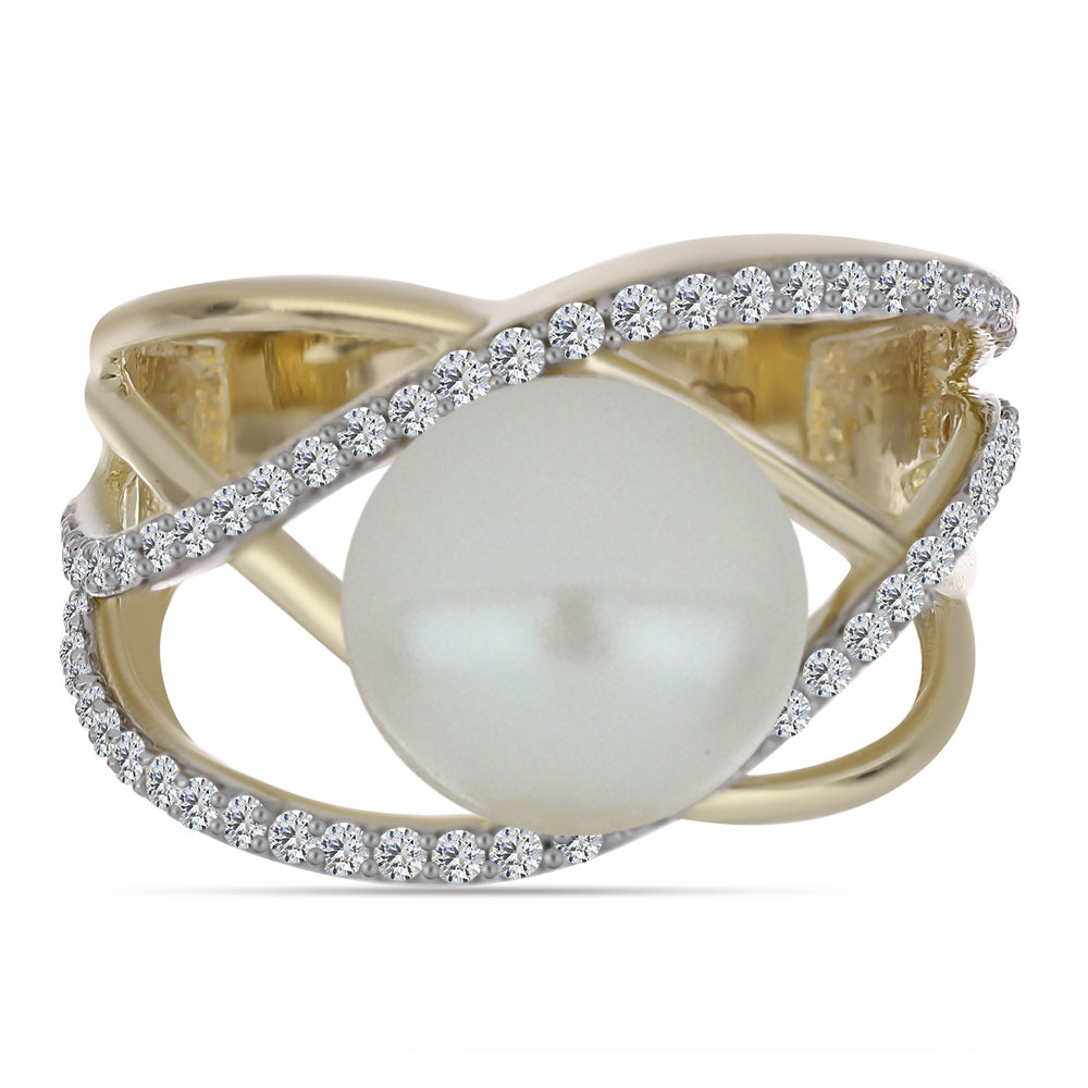 Anel de Prata com Banho de Ouro com Pérola de Água Doce Branca e Topázio Branco  Contraste: Cabeca de Veado (800)