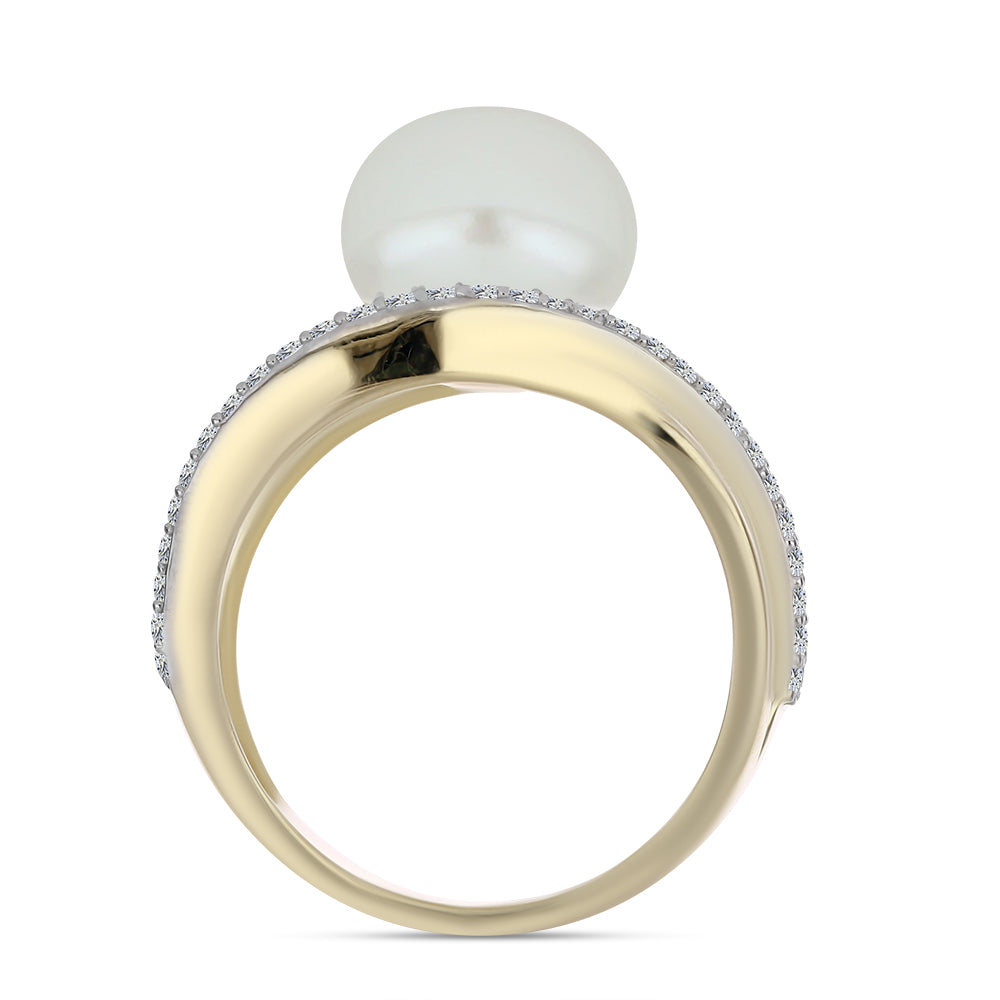 Anel de Prata com Banho de Ouro com Pérola de Água Doce Branca e Topázio Branco  Contraste: Cabeca de Veado (800) 2 