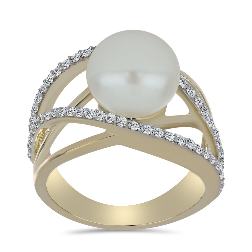 Anel de Prata com Banho de Ouro com Pérola de Água Doce Branca e Topázio Branco  Contraste: Cabeca de Veado (800)