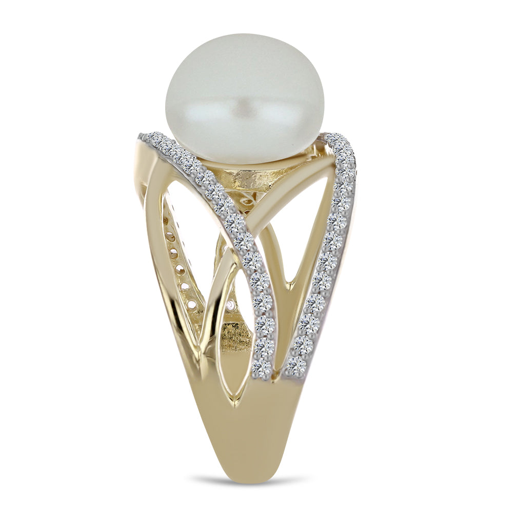 Anel de Prata com Banho de Ouro com Pérola de Água Doce Branca e Topázio Branco  Contraste: Cabeca de Veado (800) 4 