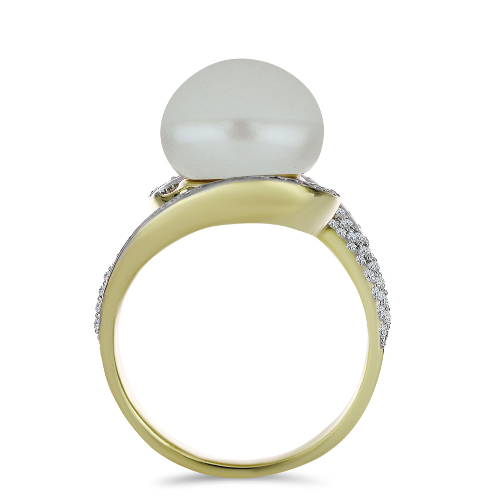 Anel de Prata com Banho de Ouro com Pérola de Água Doce Branca e Topázio Branco  Contraste: Cabeca de Veado (800) 2 