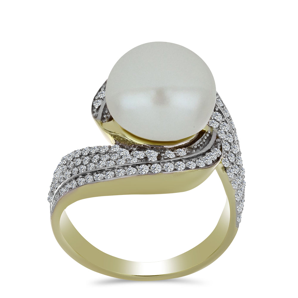 Anel de Prata com Banho de Ouro com Pérola de Água Doce Branca e Topázio Branco  Contraste: Cabeca de Veado (800) 3 