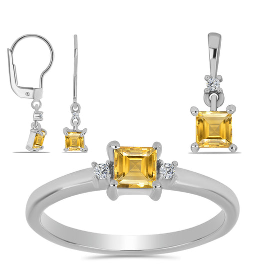 Conjunto de Prata com Citrino de Ural e Topázio Branco ( Brincos+Anel+Pendente )  Contraste: Cabeca de Veado (800)