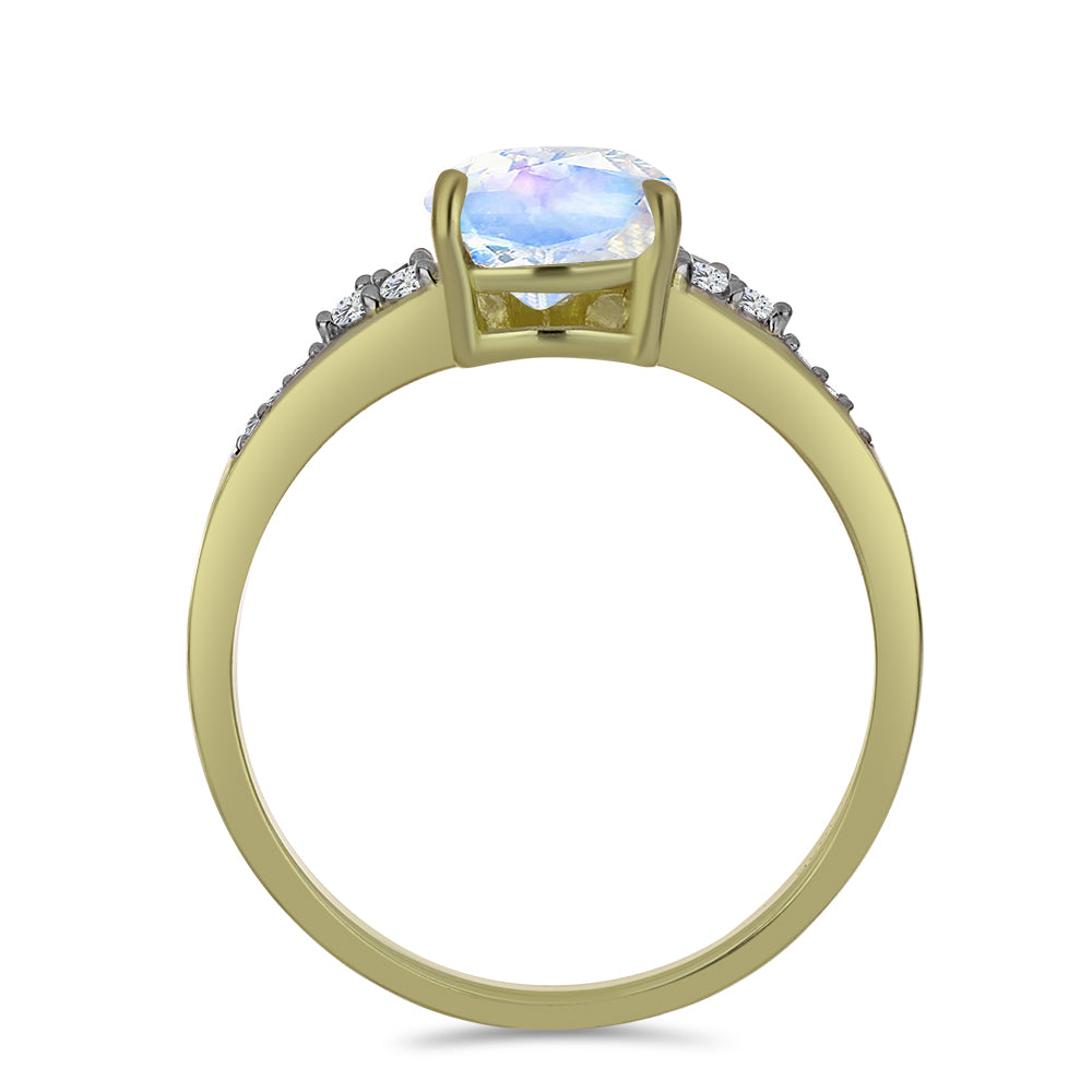 Anel de Prata com Banho de Ouro com Pedra da Lua Arco-íris e Topázio Branco