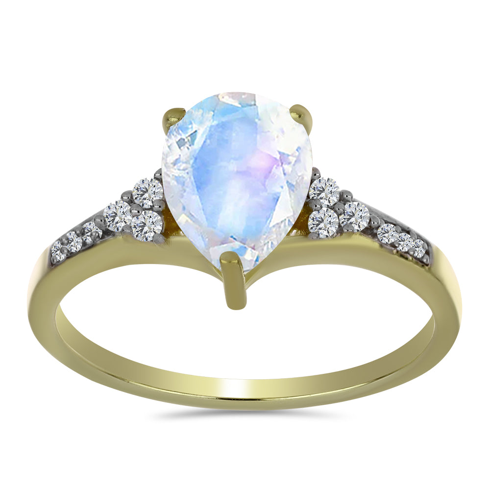 Anel de Prata com Banho de Ouro com Pedra da Lua Arco-íris e Topázio Branco