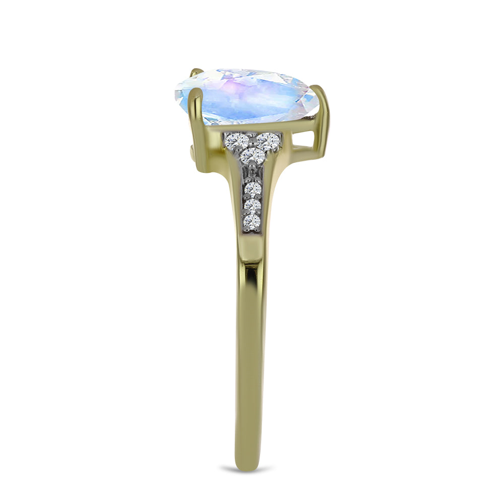 Anel de Prata com Banho de Ouro com Pedra da Lua Arco-íris e Topázio Branco 4 